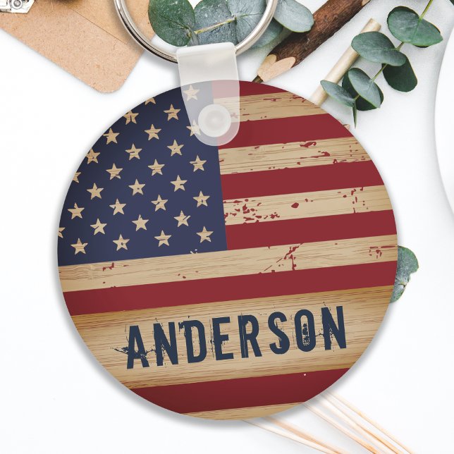 Personalized American Flag Rustic Wood Patriotic Key Ring (Creator Uploaded)