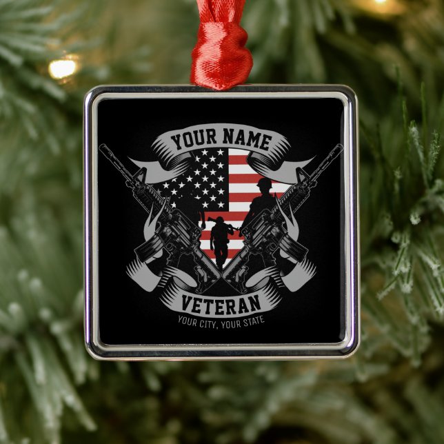 Personalized American Veteran Proud Vet USA Flag  Metal Ornament (Tree)