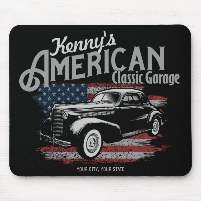 Personalized American Vintage Classic Car Garage  Mouse Pad (Front)