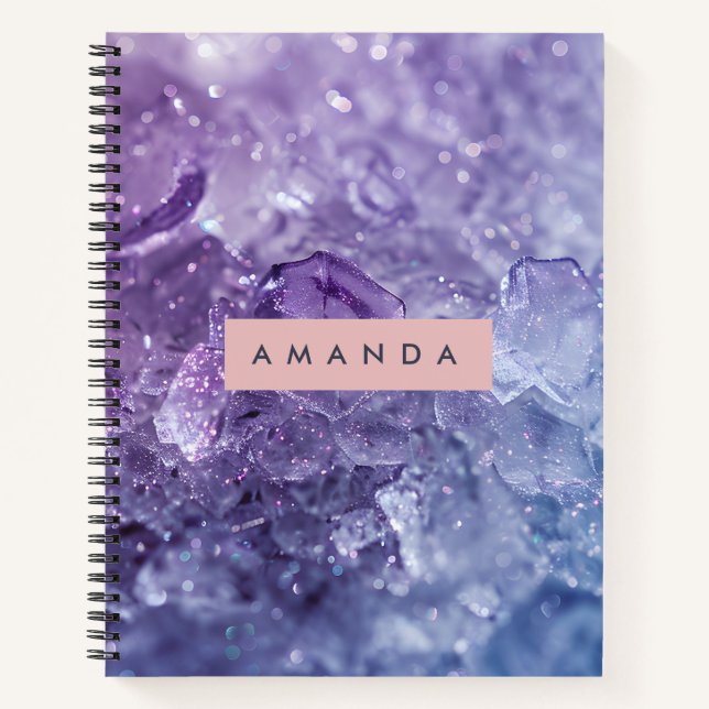Personalized Amethyst Crystal & Lavender Sparkle Notebook (Front)