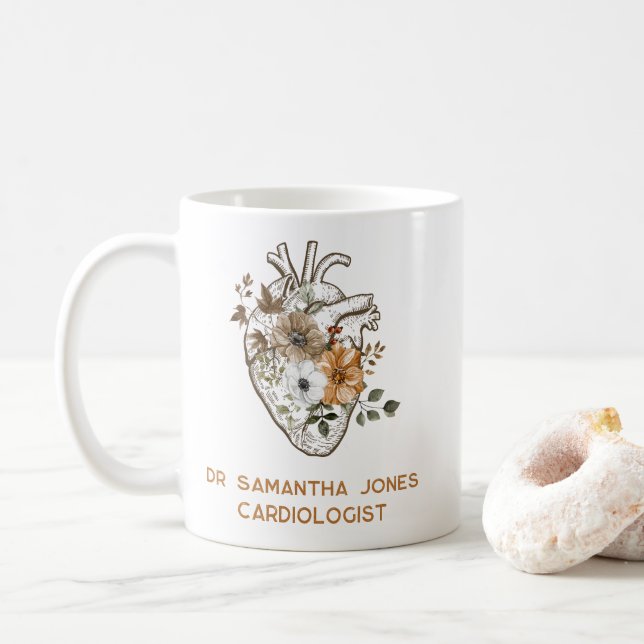 Personalized Anatomical Heart Floral Cardiologist Coffee Mug (With Donut)