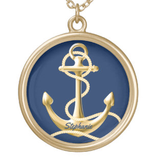 Personalized anchor necklace navy blue gold