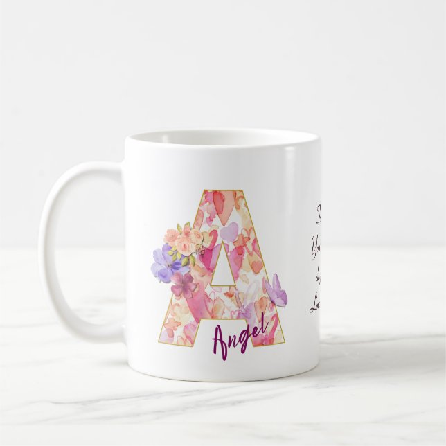 Personalized Angel Initial A with Heart Pattern Coffee Mug (Left)