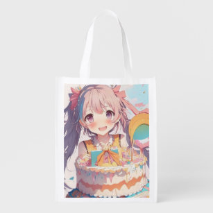 Personalized Anime Birthday Girl Pastel Colors Reusable Grocery Bag
