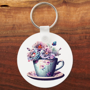 Personalized Antique Teacup with Vintage Flowers  Key Ring