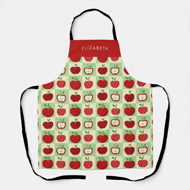 Personalized Apple Pattern Check Cozy Teacher Apron (Front)