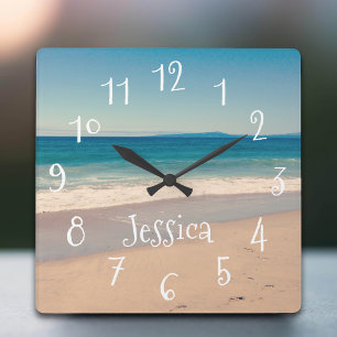 Personalized Aqua Seaside Beach Scene Square Wall Clock