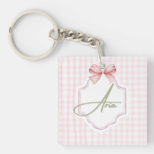 Personalized Aria Baby Girl Nursery Bow&Gingham Key Ring