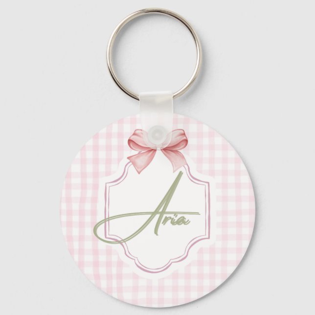 Personalized Aria Baby Girl Nursery Bow&Gingham  Key Ring (Front)