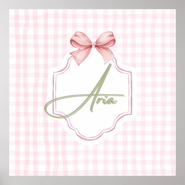 Personalized Aria Baby Girl Nursery Bow&Gingham  Poster (Front)