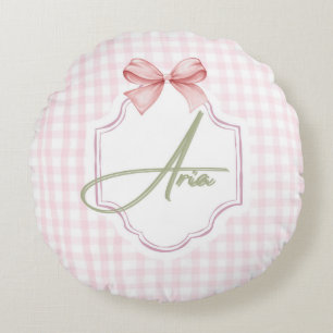 Personalized Aria Baby Girl Nursery Bow&Gingham Round Cushion