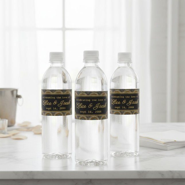 Personalized Art Deco Embroidered-Style Wedding  Water Bottle Label (Creator Uploaded)