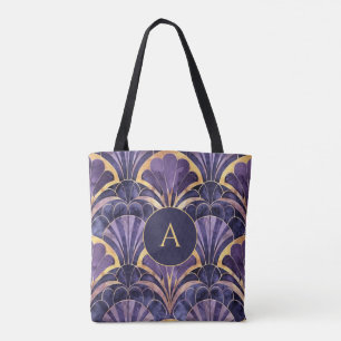 Personalized Art Deco Monogram Elegant Purple Gold Tote Bag
