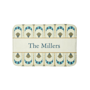 Personalized Art Deco Teal & Gold Geometric Bath Mat