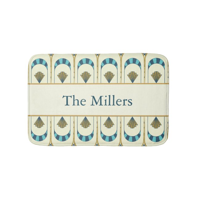 Personalized Art Deco Teal & Gold Geometric Bath Mat (Front)