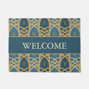 Personalized Art Deco Teal & Gold Welcome Doormat