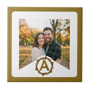 Personalized Artisan Monogram A   Wood Frame Ceramic Tile