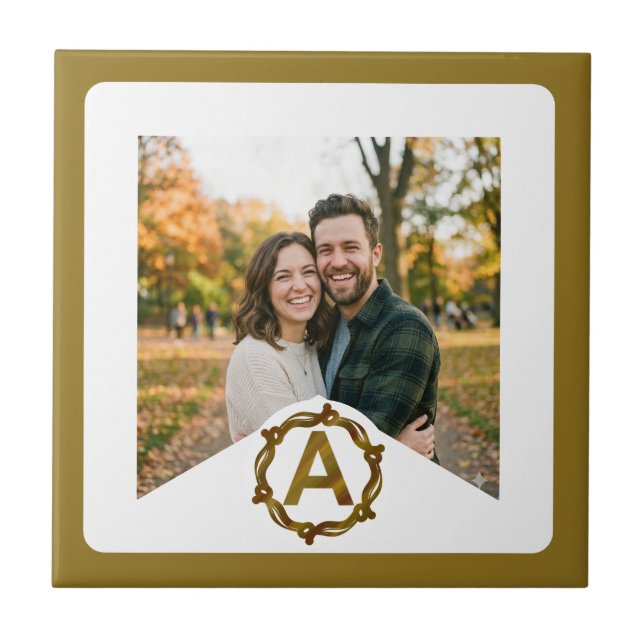 Personalized Artisan Monogram A | Wood Frame Ceramic Tile (Front)