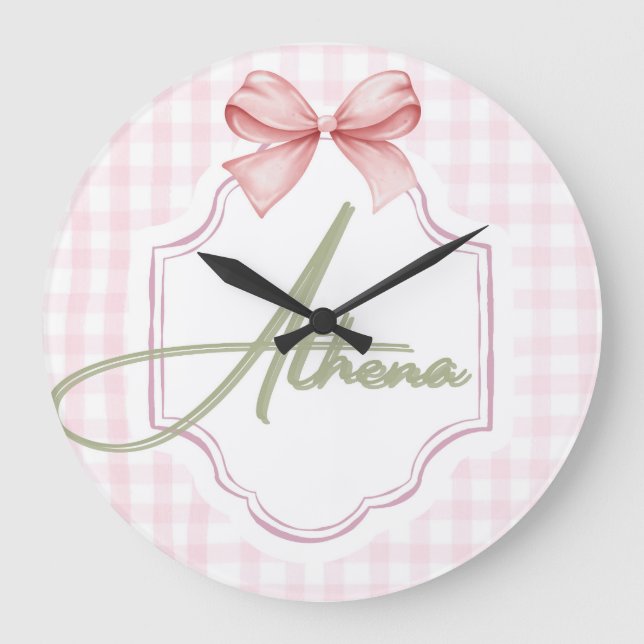 Personalized Athena Baby Girl Nursery Bow&Gingham Large Clock (Front)