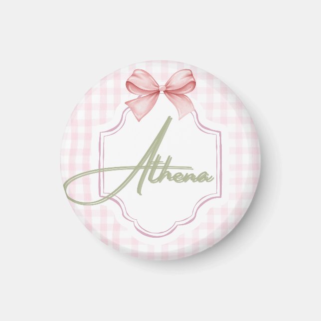 Personalized Athena Baby Girl Nursery Bow&Gingham Magnet (Front)
