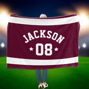 Personalized Athlete Name and Number Burgundy Red Fleece Blanket