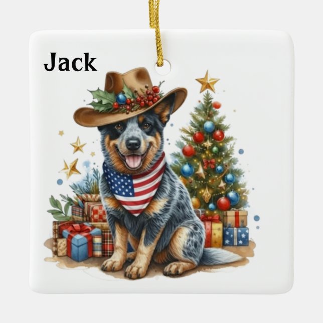 Personalized Australian Cattle Dog With USA Flag Ceramic Ornament (Front)