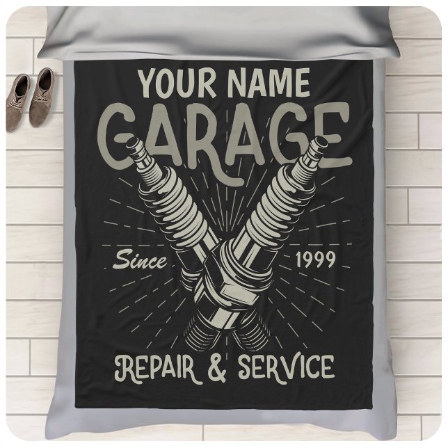 Personalized Auto Mechanic Garage Retro Spark Plug Fleece Blanket (Creator Uploaded)
