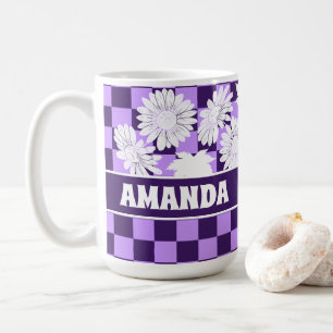 Personalized Autumn Flowers Purple Checkerboard Coffee Mug