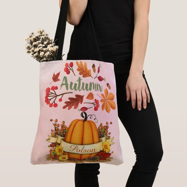 Personalized Autumn Gnome & Pumpkin Fall Gift Tote Bag (Close Up)