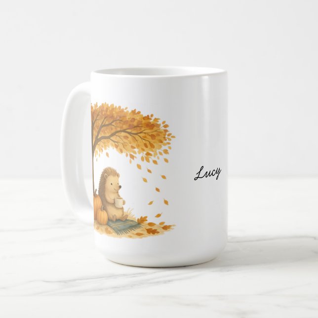 Personalized Autumn Hedgehog Under Tree Coffee Mug (Front Left)