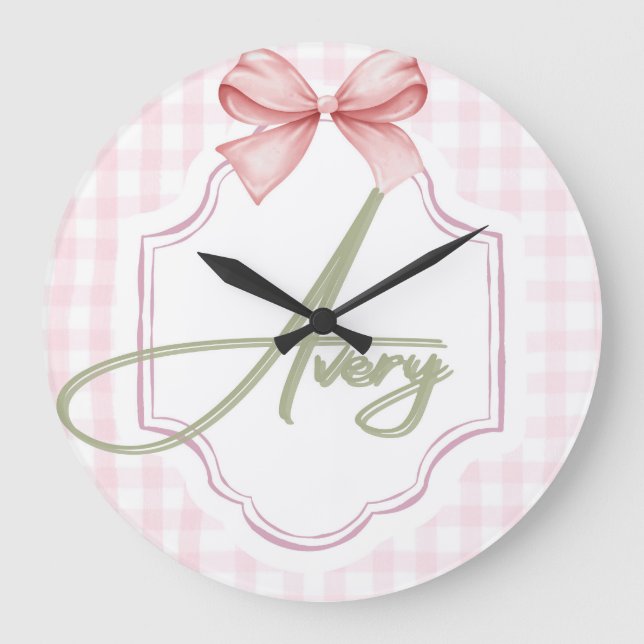 Personalized Avery Baby Girl Nursery Bow&Gingham  Large Clock (Front)