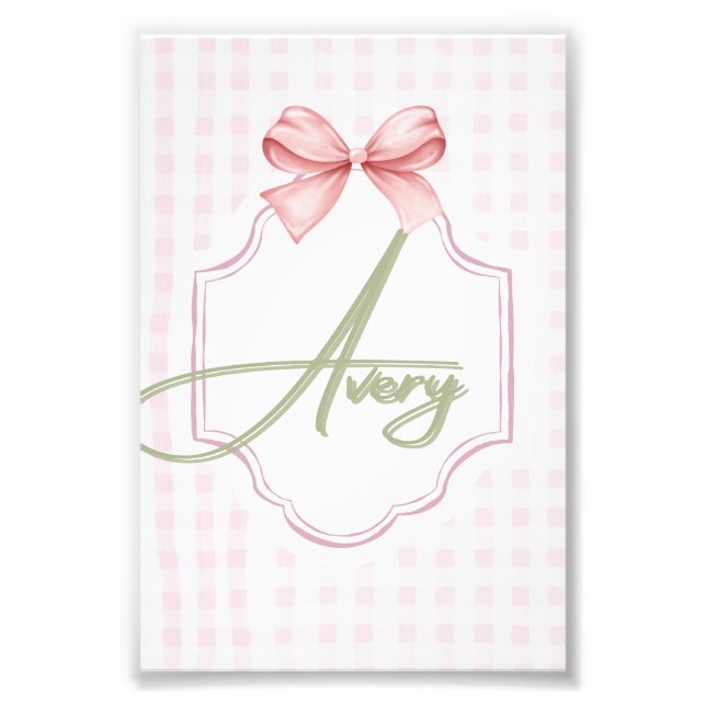Personalized Avery Baby Girl Nursery Bow&Gingham  Photo Print (Front)