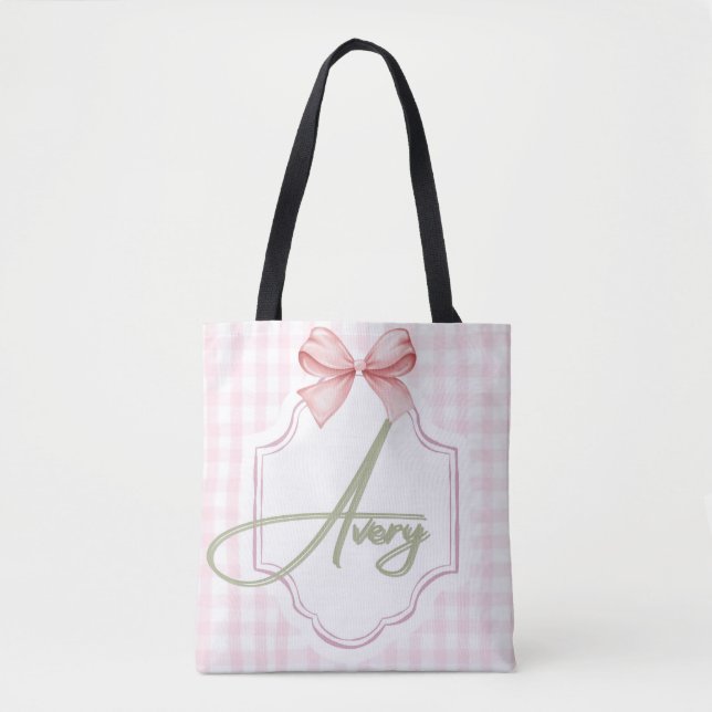 Personalized Avery Baby Girl Nursery Bow&Gingham  Tote Bag (Front)