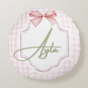 Personalized Ayla Baby Girl Nursery Bow&Gingham Round Cushion