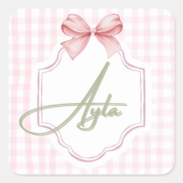 Personalized Ayla Baby Girl Nursery Bow&Gingham  Square Sticker (Front)