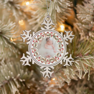 Personalized baby 1st birth announcement  snowflake pewter christmas ornament