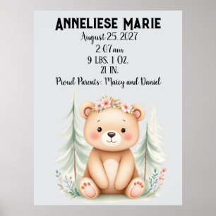 Personalized Baby Bear Birth Stats Girls' Nursery Poster