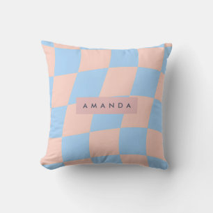 Personalized Baby Blue and Peach Wavy Checkered Cushion