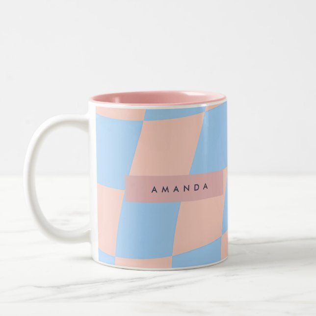 Personalized Baby Blue and Peach Wavy Checkered Two-Tone Coffee Mug (Left)