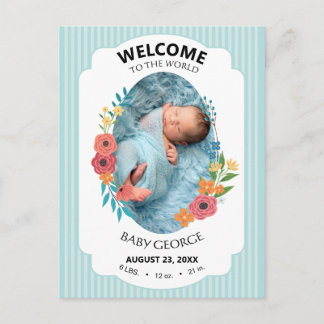 personalized baby blue floral Birth announcements Postcard