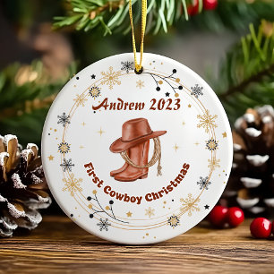 Personalized Baby Cowboy First Christmas  Ceramic Ornament