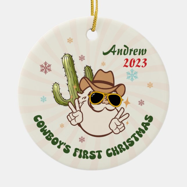 Personalized Baby Cowboy First Christmas Ceramic Ornament (Front)