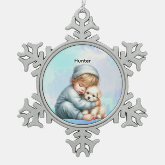 Personalized Baby Cuddling Puppy Snowflake Snowflake Pewter Christmas Ornament