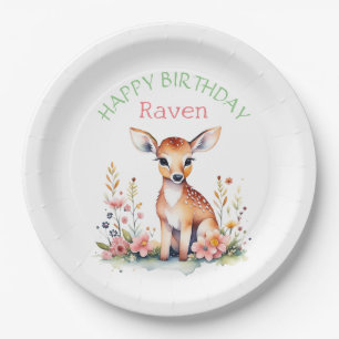 Personalized Baby Deer in Flowers Girl's Birthday Paper Plate