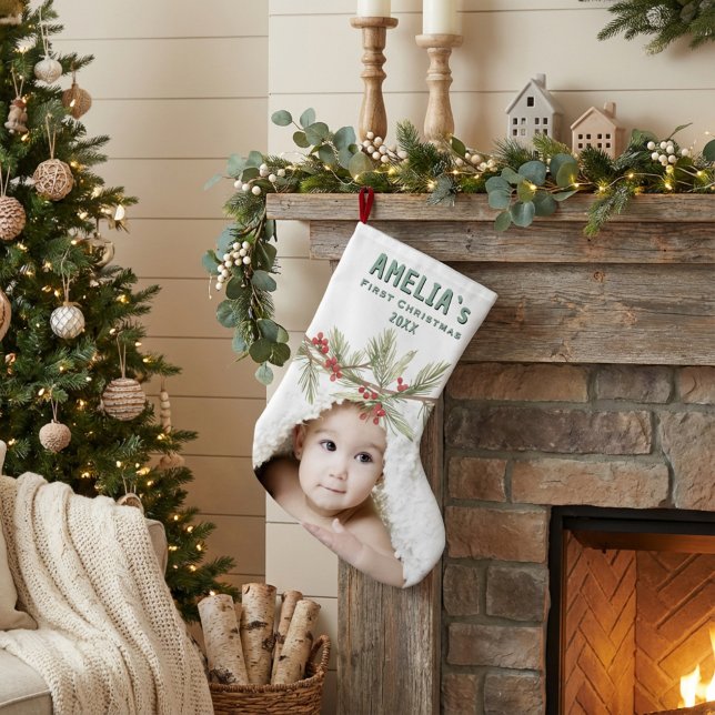 Personalized Baby First Christmas Berry Photo Large Christmas Stocking (Creator Uploaded)