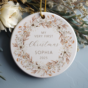 Personalized Baby First Christmas Boho Wildflowers Ceramic Ornament