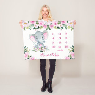 Personalized Baby Girl Elephant Milestone Name Fleece Blanket