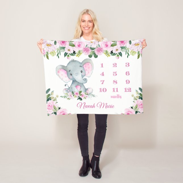 Personalized Baby Girl Elephant Milestone Name Fleece Blanket (In Situ)
