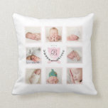 PERSONALIZED BABY GIRL PHOTO COLLAGE WITH WREATH CUSHION<br><div class="desc">Perfect for your nursery decor. A beautiful personalised throw pillow with 8 of your custom photos arranged in a square grid. At centre is a hand drawn wreath around a watercolor shield coat of arms for you to personalise with monogram and text. And though she be but little she is...</div>