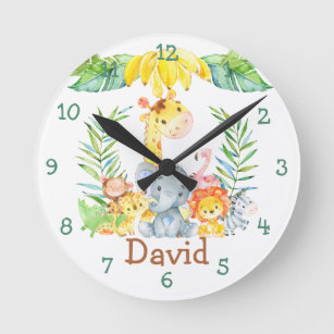 Personalized Baby Name Nursery Jungle Safari Cute Round Clock